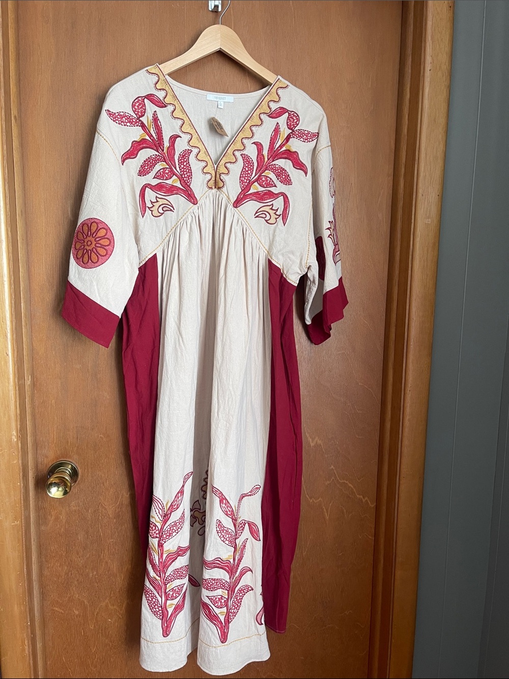 Embroidered Boho Midi Dress in Cream and Red
